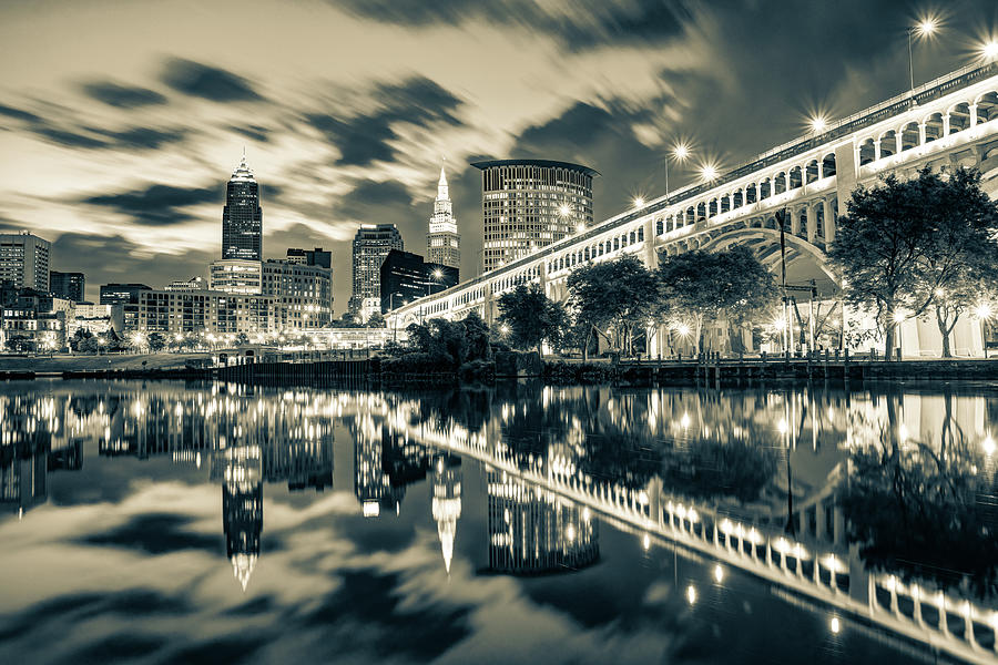 Cleveland Skyline Photograph - Cleveland Skyline Along The Cuyahoga River in Sepia by Gregory Ballos