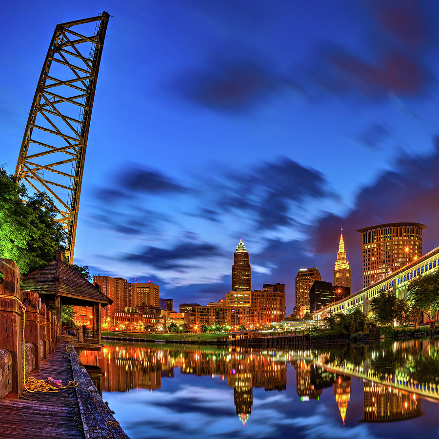 Cleveland Skyline And Cuyahoga River Bridge At Dawn Photograph