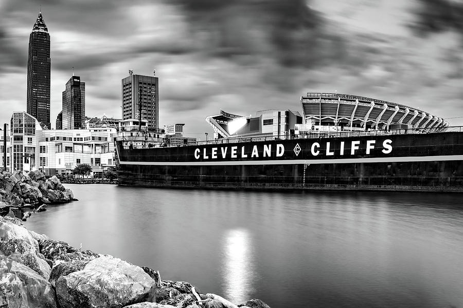 Cleveland Skyline And Football Stadium - Black and White Photograph by Gregory Ballos