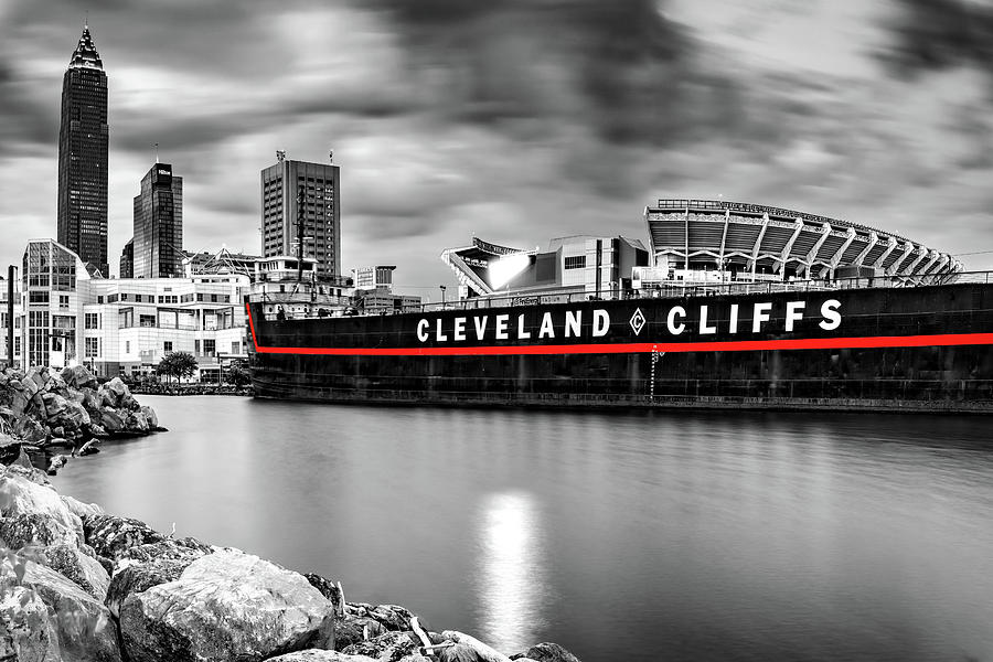 Cleveland Skyline And Football Stadium - Selective Color Red Line Photograph by Gregory Ballos