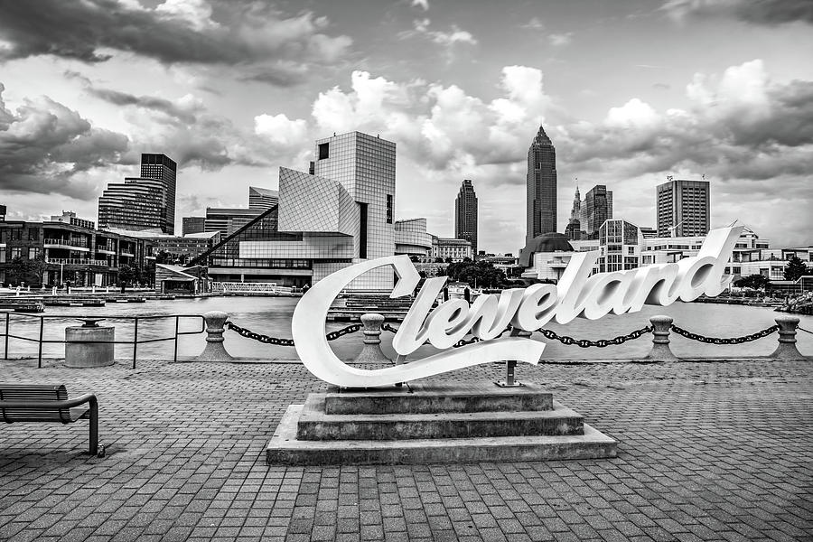 Cleveland Skyline Photograph - Cleveland Skyline and Script Sign on North Coast Harbor - Black and White by Gregory Ballos