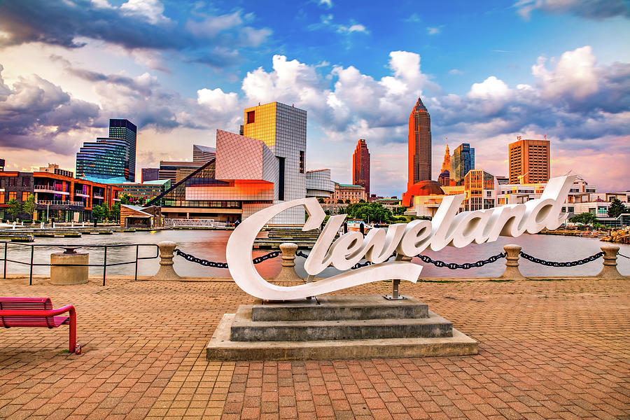 Cleveland Skyline and Script Sign on North Coast Harbor Photograph by Gregory Ballos