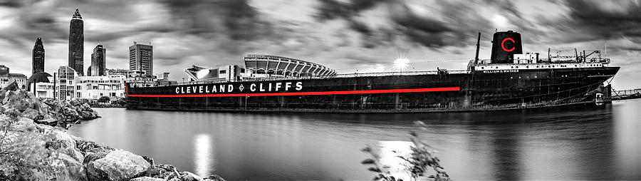 Cleveland Skyline And Steamship Panorama - Red Line Selective Color Edition Photograph by Gregory Ballos