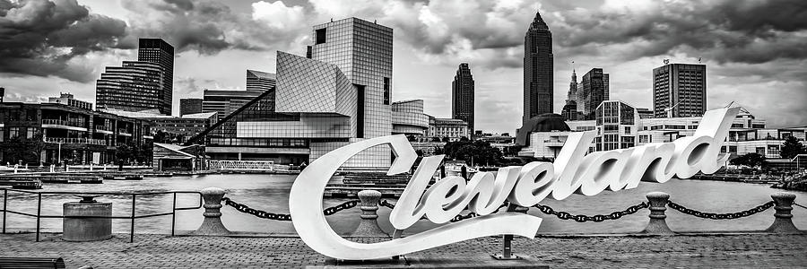 Cleveland Skyline And The Script Sign - Black And White Panorama Photograph