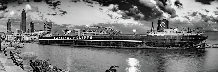 Cleveland Skyline Photograph - Cleveland Skyline and William G Mather Ship Panorama - Black and White by Gregory Ballos