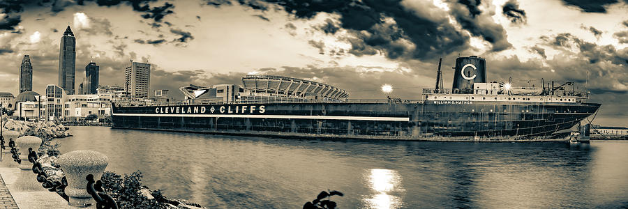 Cleveland Skyline Photograph - Cleveland Skyline and William G Mather Ship Panorama - Sepia by Gregory Ballos