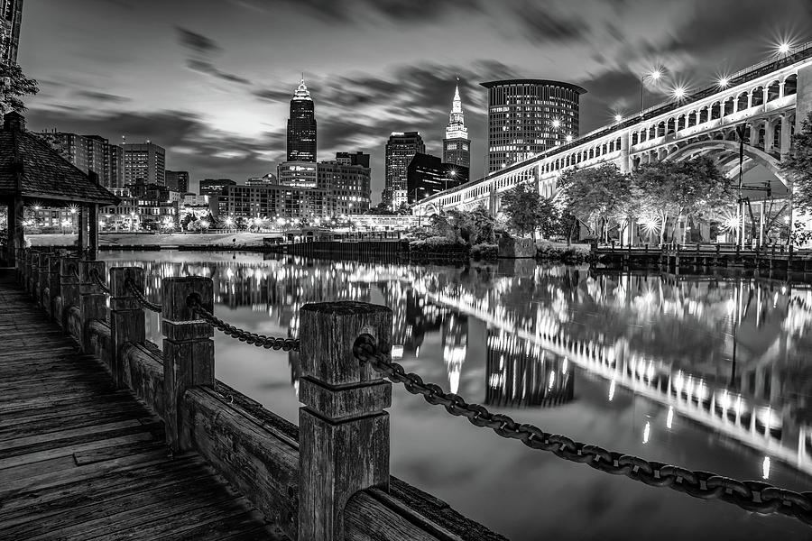 Cleveland Skyline Photograph - Cleveland Skyline From The Riverfront - Black and White Edition by Gregory Ballos