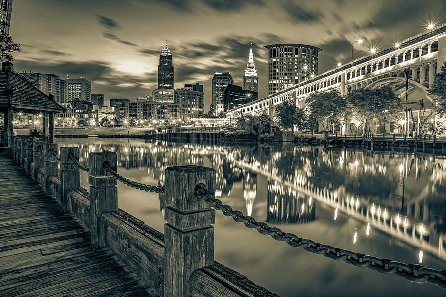 Cleveland Skyline From The Riverfront - Sepia Edition Photograph by Gregory Ballos