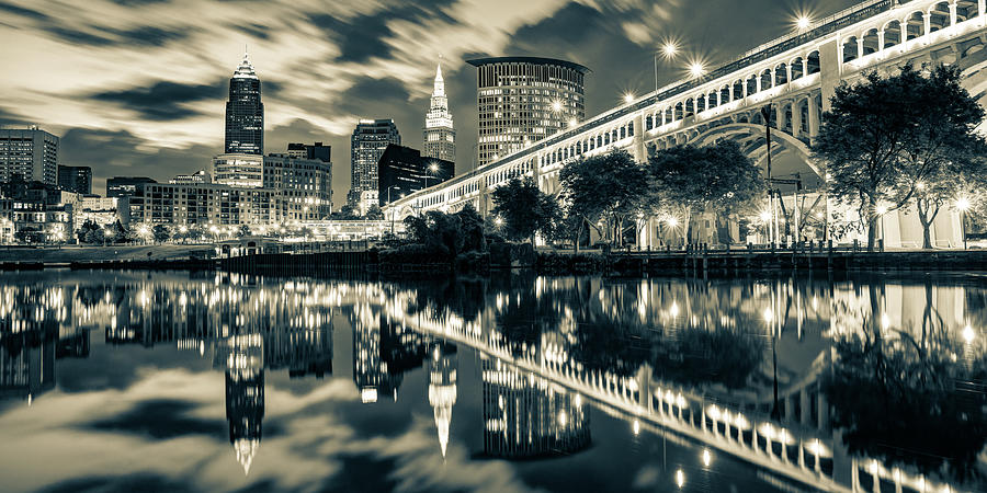 Cleveland Skyline Photograph - Cleveland Skyline Panorama Along the Cuyahoga River Waterfront - Sepia Edition by Gregory Ballos