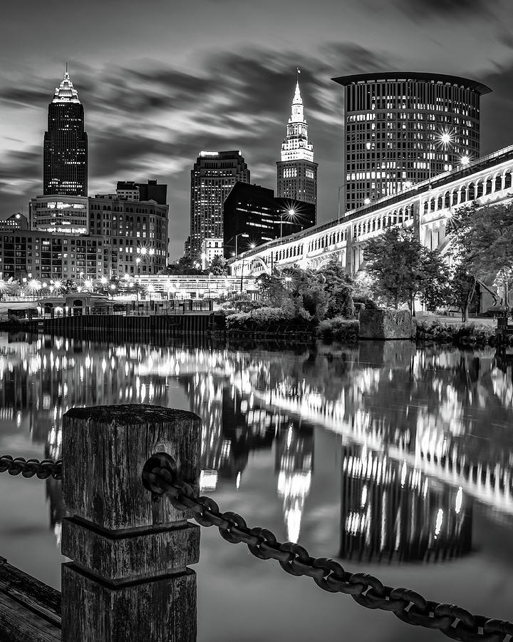 Cleveland Skyline Towers Along The Cuyahoga River - Black and White ...