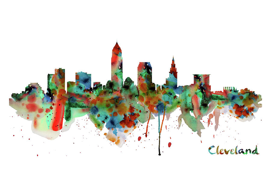 Cleveland Watercolor Skyline Painting by Marian Voicu