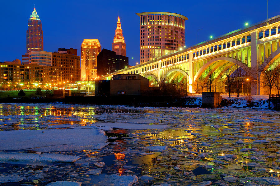 Clevelands downtown skyline on a winter night Photograph by DoxaDigital