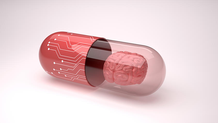 Clever drugs of the age of technology with brain concept. Photograph by Haryigit