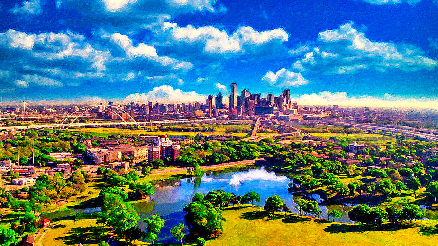 Cliff Lake and downtown Dallas skyline in the distance - digital painting Digital Art by Nicko Prints