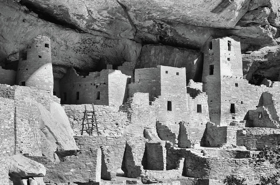 Cliff Palace Anasazi Dwellings at Mesa Verde National Park Colorado Black and White Photograph by Shawn OBrien