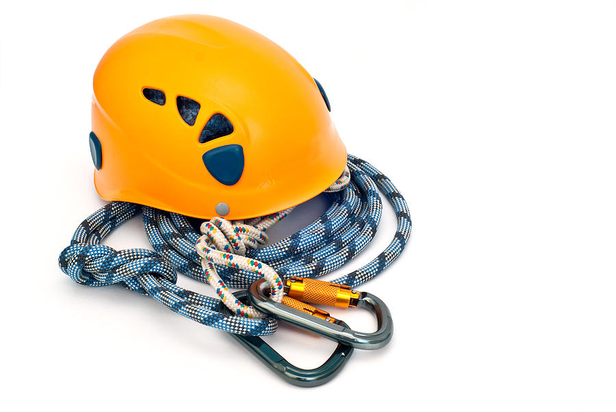 Climbing Equipment - Carabiners, Helmet And Blue Rope Photograph by Swinnerrr