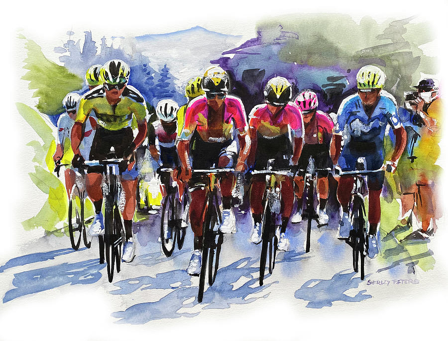 Climbing Forever The Yellow Jersey Group Painting by Shirley Peters