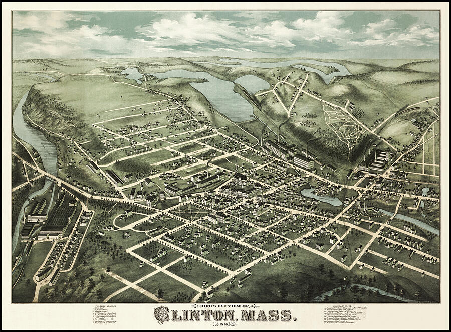 Clinton Massachusetts Vintage Map Birds Eye View 1876 Photograph by ...