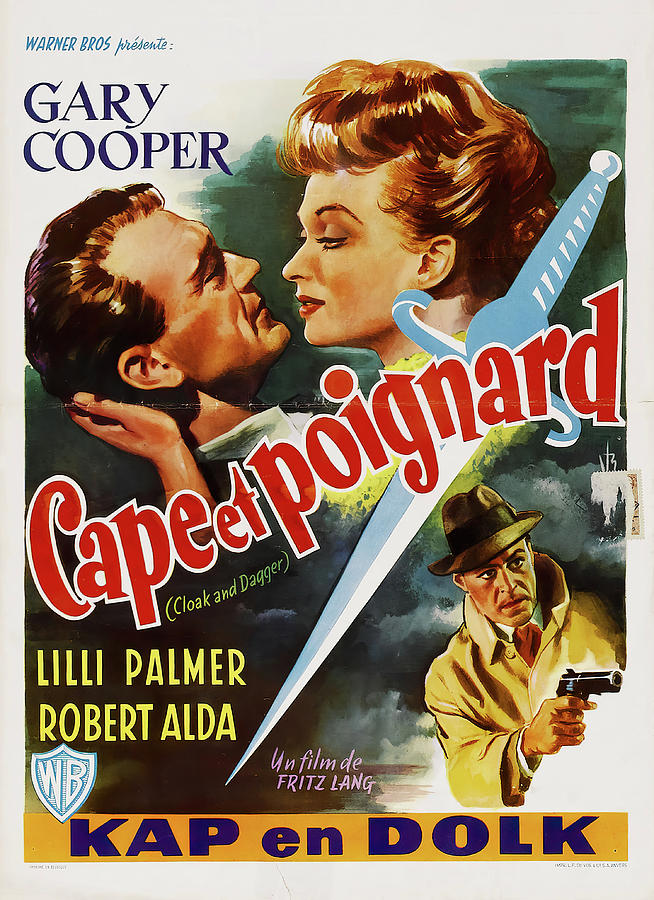 Gary Cooper Mixed Media - Cloak and Dagger, 1946 - art by Osvaldo Venturi by Movie World Posters