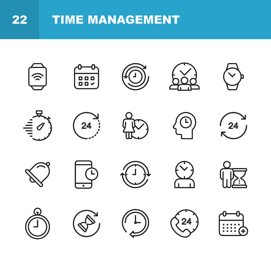 Clock and Time Management Line Icons. Editable Stroke. Pixel Perfect. For Mobile and Web. Contains such icons as Clock, Time, Stopwatch, Management, Calendar. Drawing by Rambo182