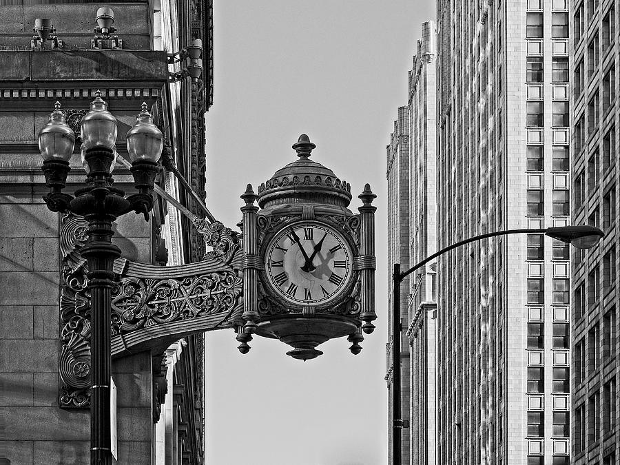 Clock - Downtown Chicago BW Photograph by Steven Ralser