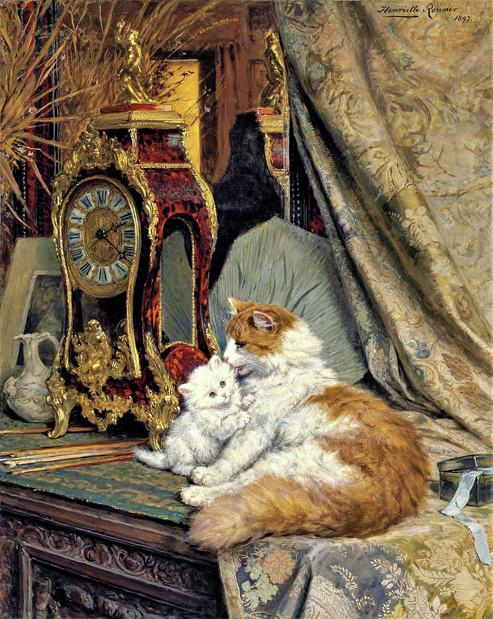 Henriette Ronner Knip Painting - Clock, Mother Cat and Kitten - Digital Remastered Edition by Henriette Ronner-Knip