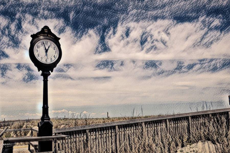 Clock On The Bethany Boardwalk In Charcoal Photograph