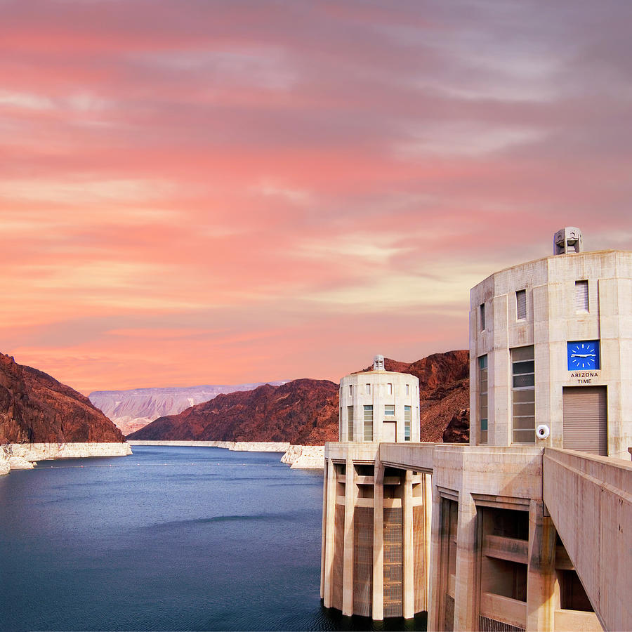 Clock Tower and Lake Mead Sunset Photograph by Bob Pardue