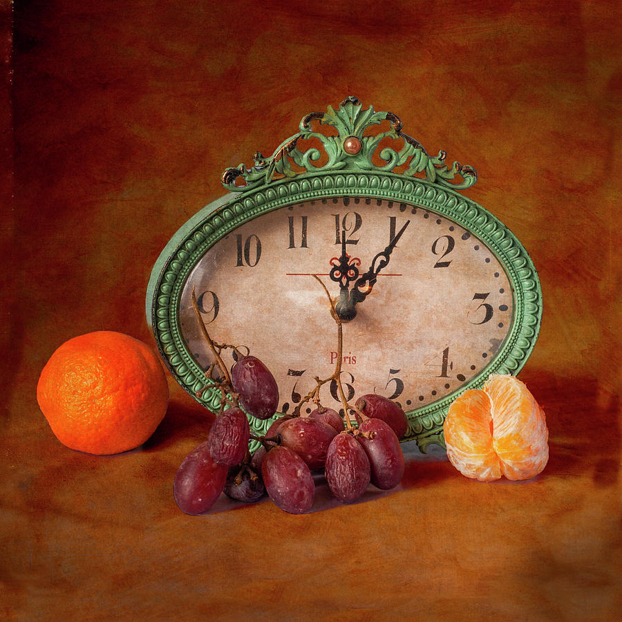 Clock with grapes and oranges Photograph by Cordia Murphy