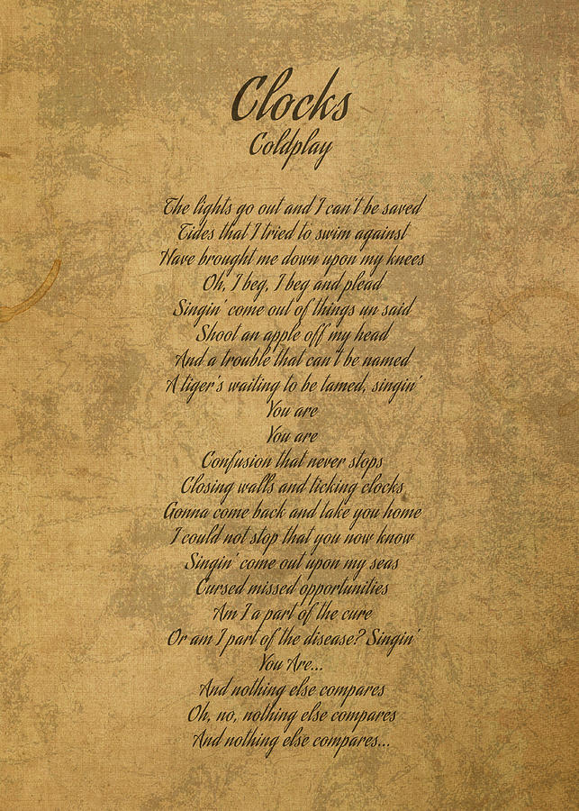 Coldplay Mixed Media - Clocks by Coldplay Vintage Song Lyrics on Parchment by Design Turnpike