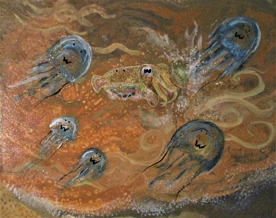 Jellyfish vs Charming Cuttlefish Painting by Lynn Raizel Lane