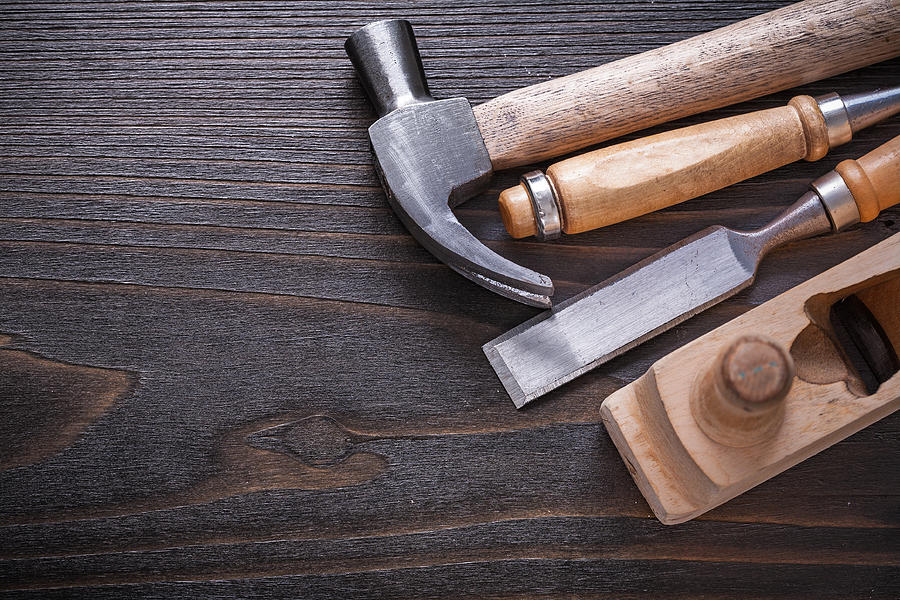 Close up image of woodworkers tools on vintage wooden Photograph by Mihalec