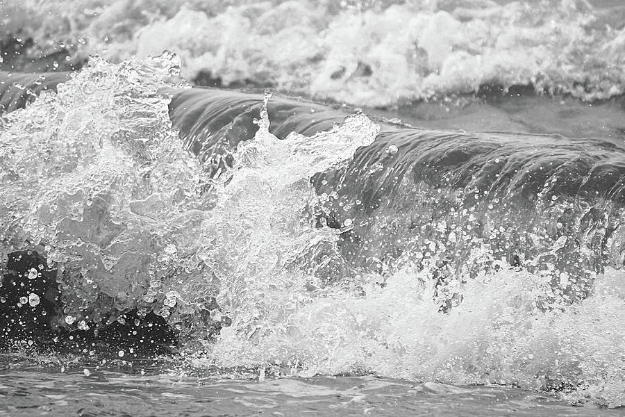 Close Up Ocean Wave Break Black And White Photograph