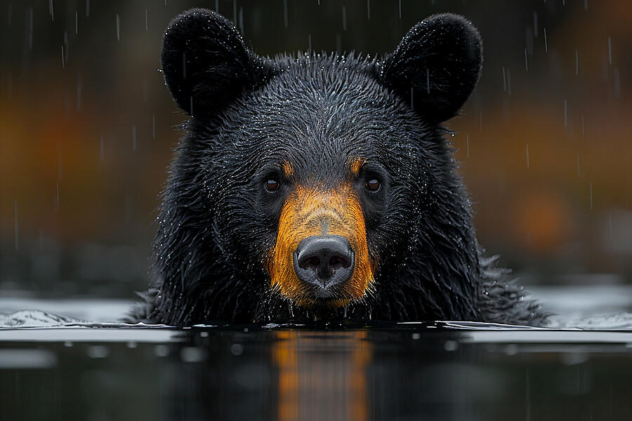 Wildlife Photograph - Close-up of a black bears face in the rain with water surface reflection. by David Mohn