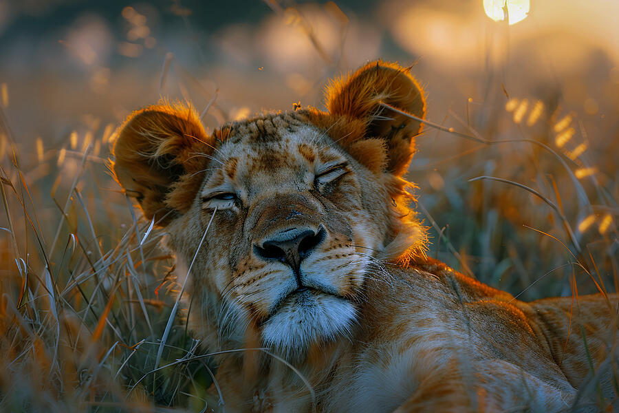 Wildlife Photograph - Close-up of a content lioness at golden hour, with warm sunlight and blurred background. by David Mohn