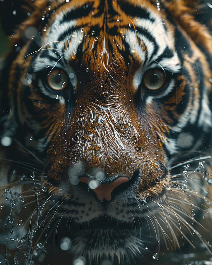 Wildlife Photograph - Close-up of a majestic tigers face with water droplets, intense gaze. by David Mohn