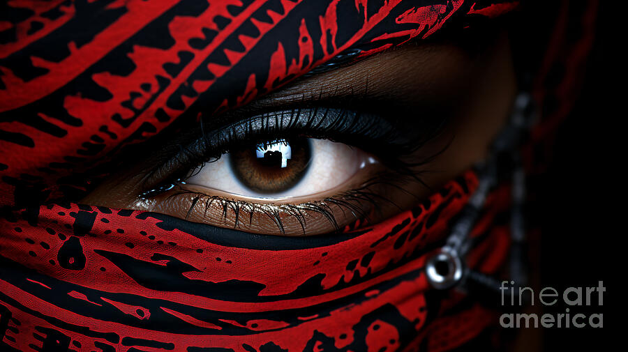 Close-up of a persons eye, partially obscured by a red and black patterned scarf, Digital Art by Odon Czintos