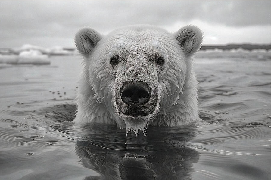 Wildlife Photograph - Close-up of a polar bear swimming in the water, with a focused gaze, in black and white. by David Mohn