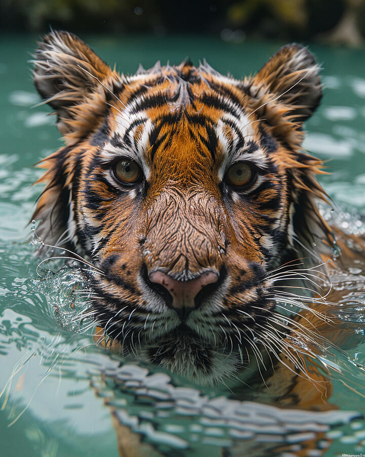 Wildlife Photograph - Close-up of a tigers face partially submerged in water, with clear focus on its eyes and stripes. by David Mohn