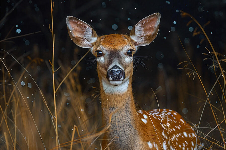 Deer Photograph - Close-up of a young spotted deer in natural habitat with snowflakes falling around it. by David Mohn