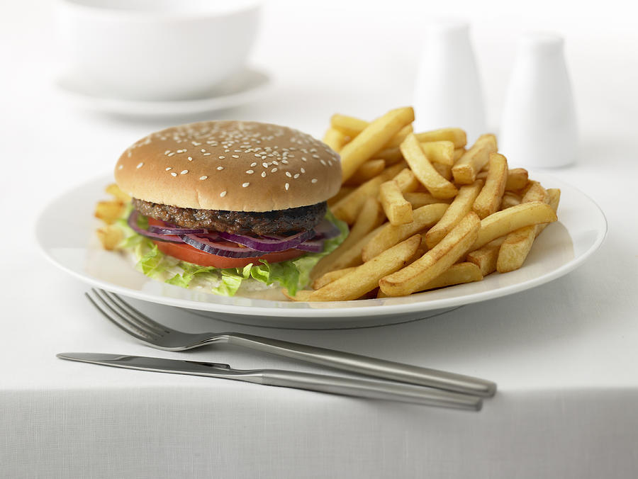 Close up of hamburger and french fries Photograph by Adam Gault