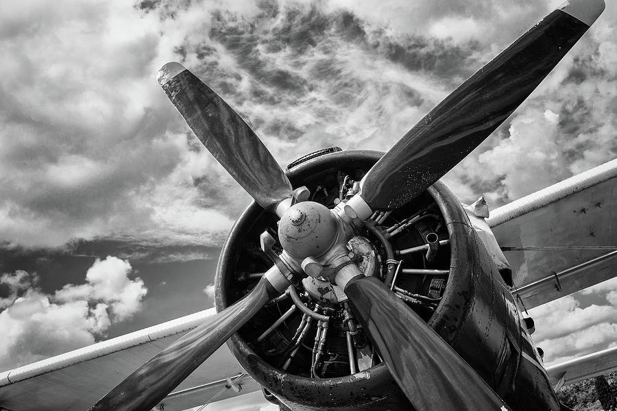 Close Up Of Old Airplane In Black And White Photograph
