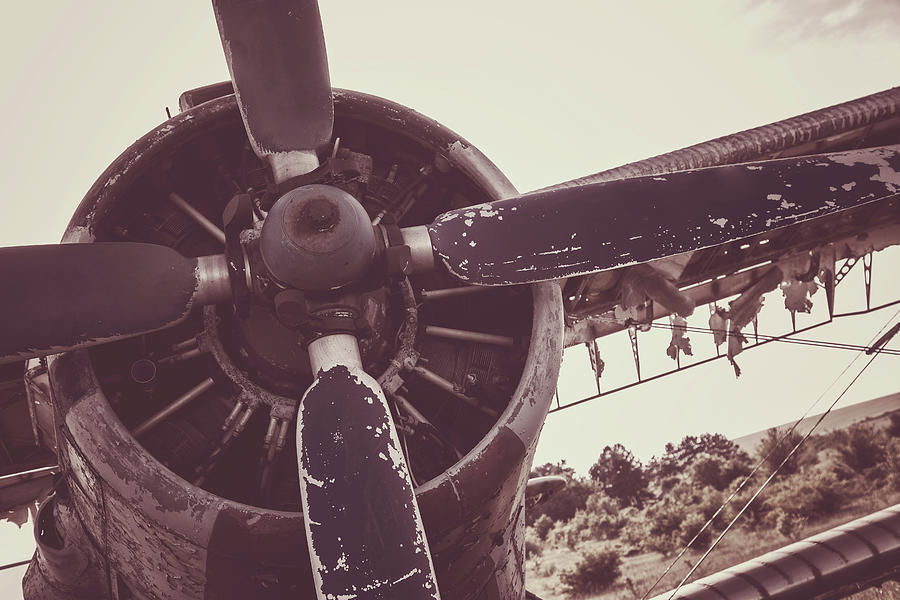 Close Up Of Old Airplane. Old Style Photo Photograph