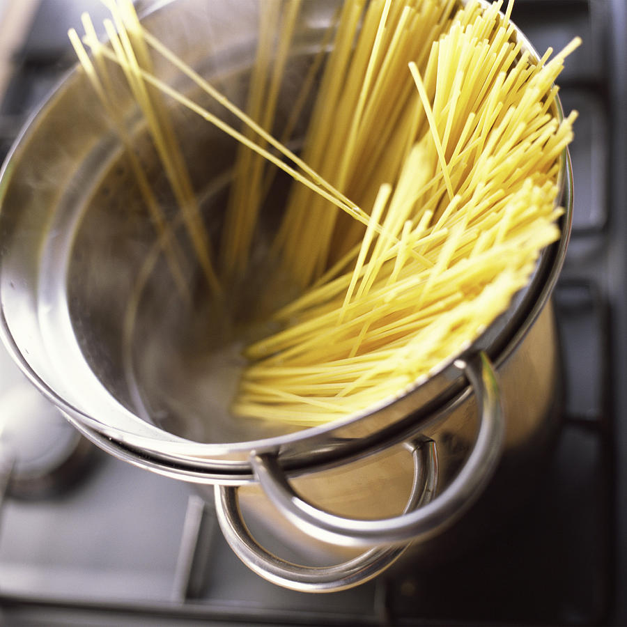 Close-up of pasta in pot. Photograph by Jean-Blaise Hall