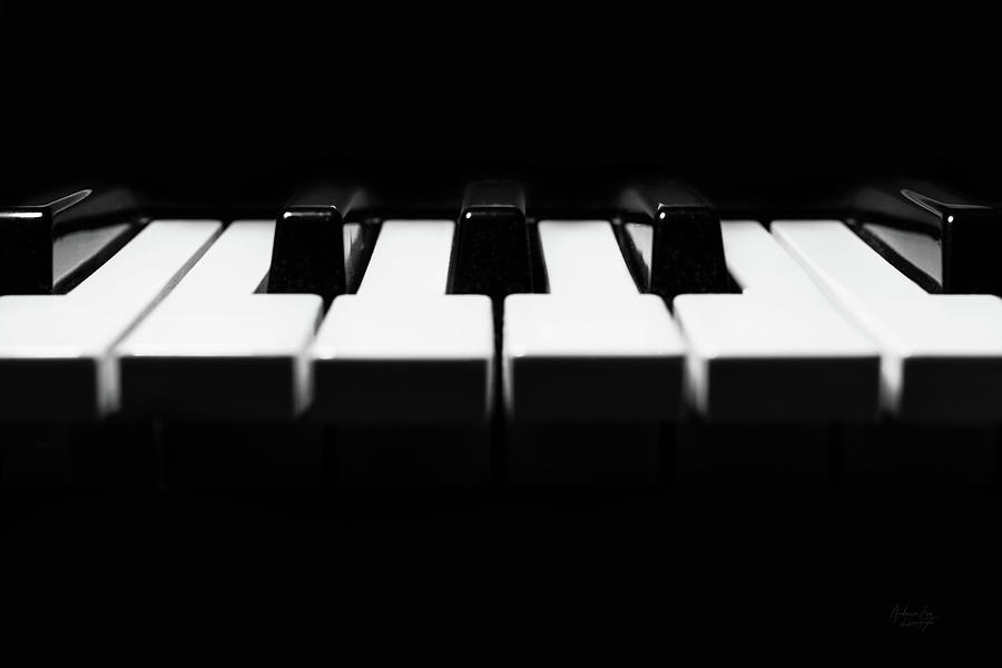 Close Up of Piano Keyboard in Minimal Black and White Photograph by