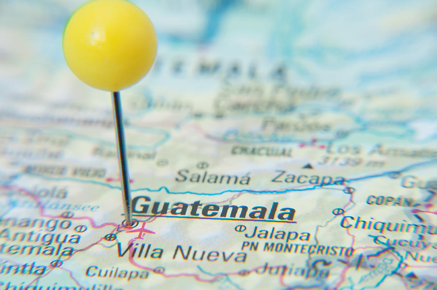 Close Up of Pin on the map, Guatemala, Central America. Photograph by Nodramallama