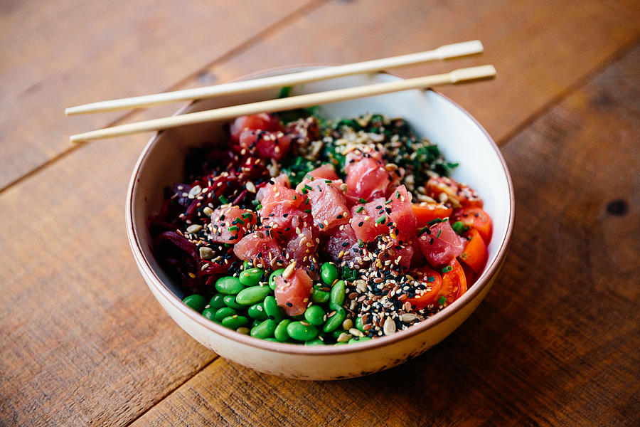 Close-up of poke bowl with tuna, edamame beans and vegetables Photograph by Alexander Spatari