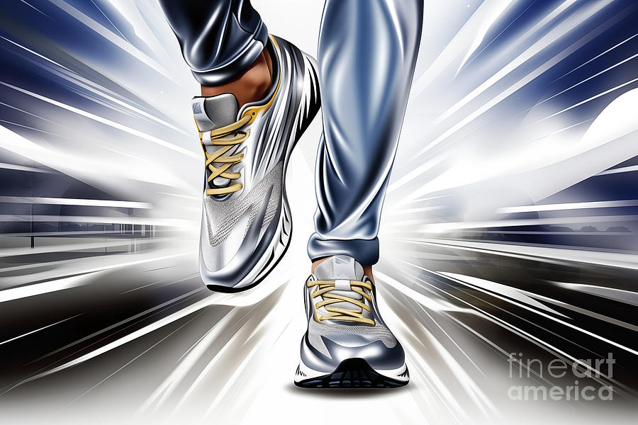 Close-up of shoes, feet of running athlete running on selected path. Digital Art by Odon Czintos