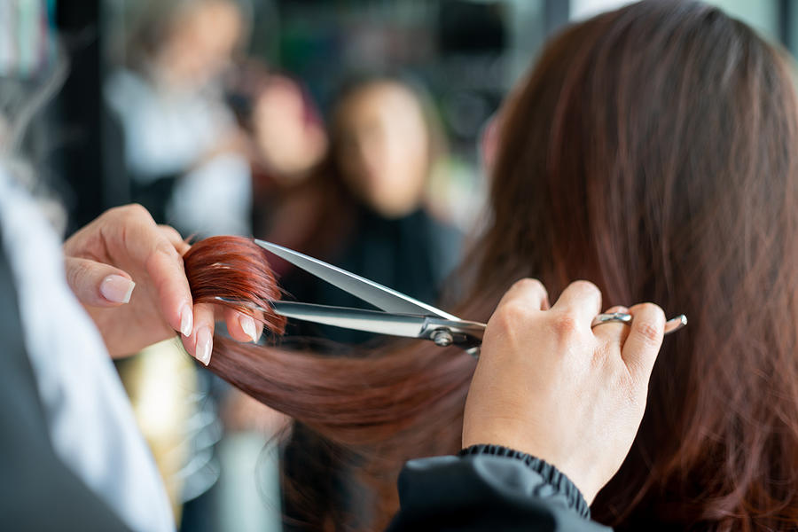 Close up of unrecognizable hairdresser cutting a female customerâs hair Photograph by Hispanolistic