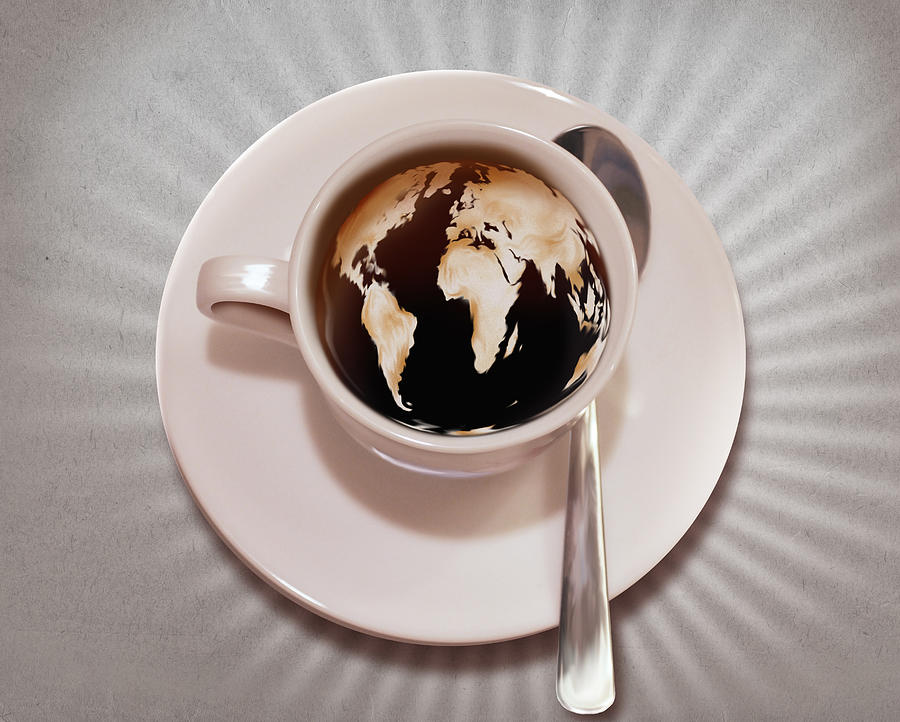 Close-up of world map imprinted in coffee representing morning coffee Drawing by Fanatic Studio